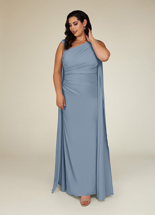 Azazie Franchesca Mother of the Brides Dresses Dusty Blue Mermaid Pleated Stretch Chiffon Dress image1
