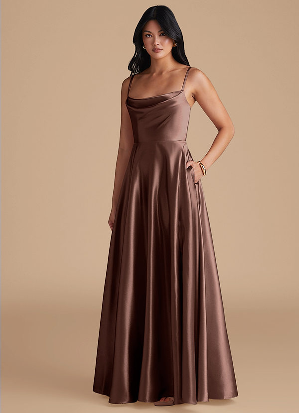 Azazie Elle Bridesmaid Dresses Espresso A-Line with Pockets Metallic Satin Dress image1