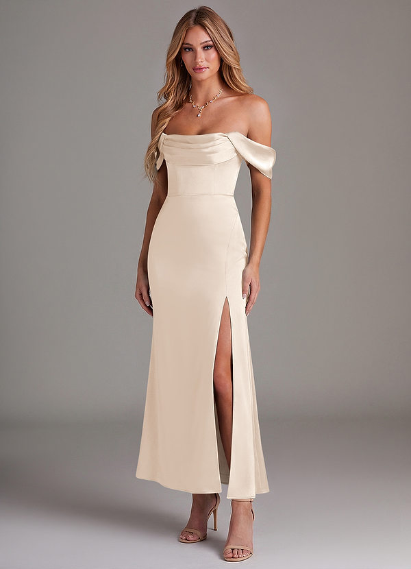 Azazie Saige 신부 들러리 드레스 인어 오프 더 숄더 스트레치 새틴 발목 길이 드레스 image1