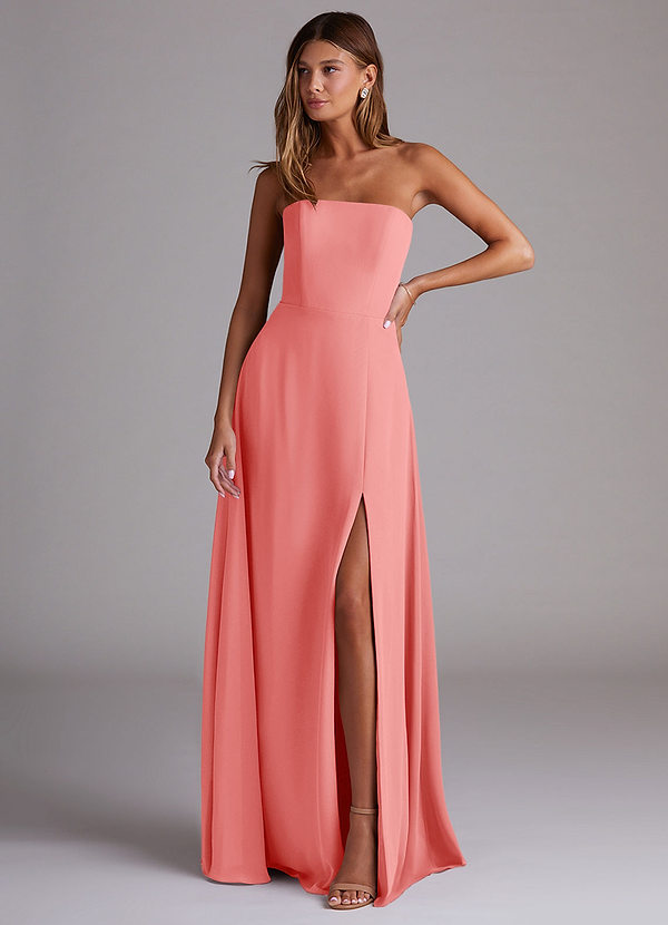 Azazie Wren Bridesmaid Dresses Coral A-Line Side Slit Chiffon Convertible Dress image1