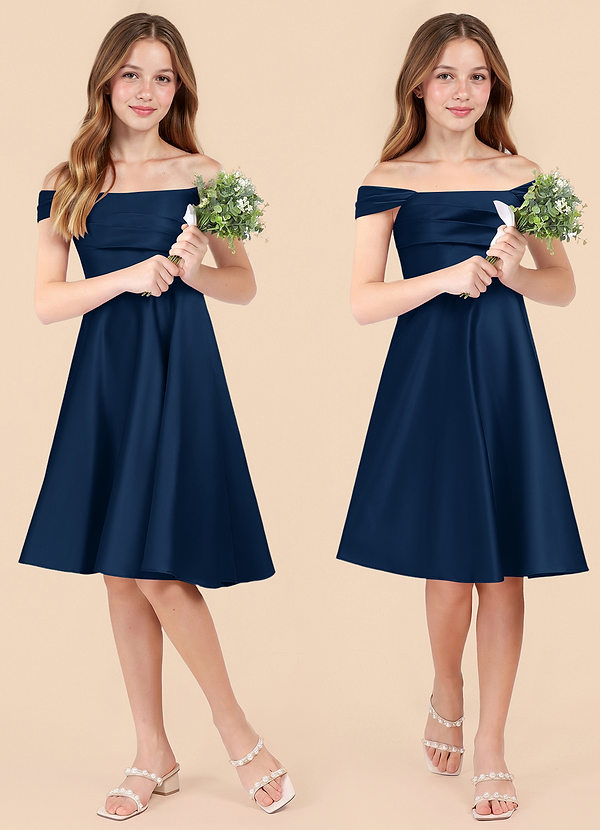 Azazie Amira Junior Dark Navy A-Line Pleated Stretch Satin Dress image1