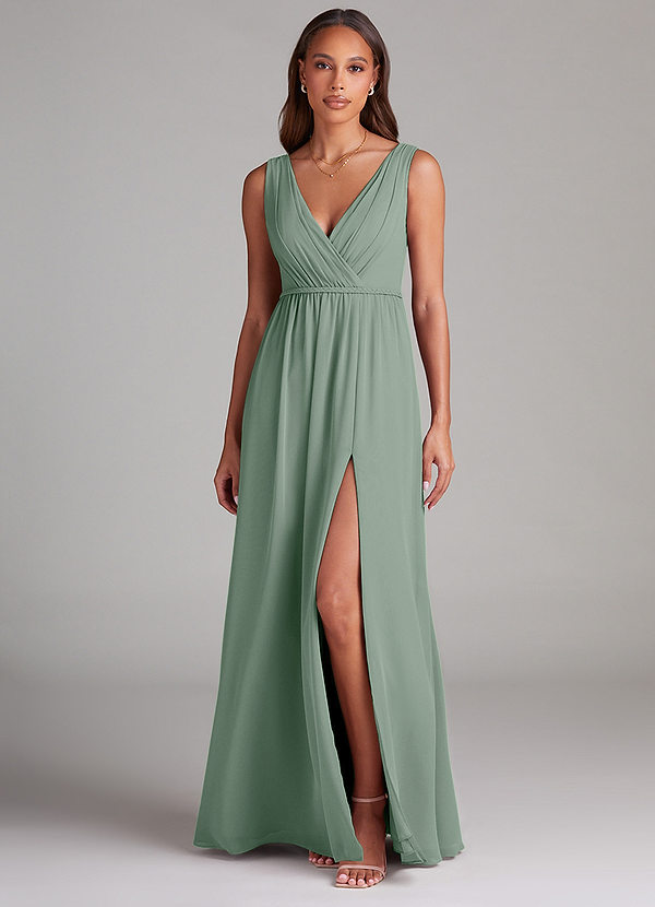 Azazie Tanicia Bridesmaid Dresses Silver Sage A-Line Pleated Chiffon Dress image1