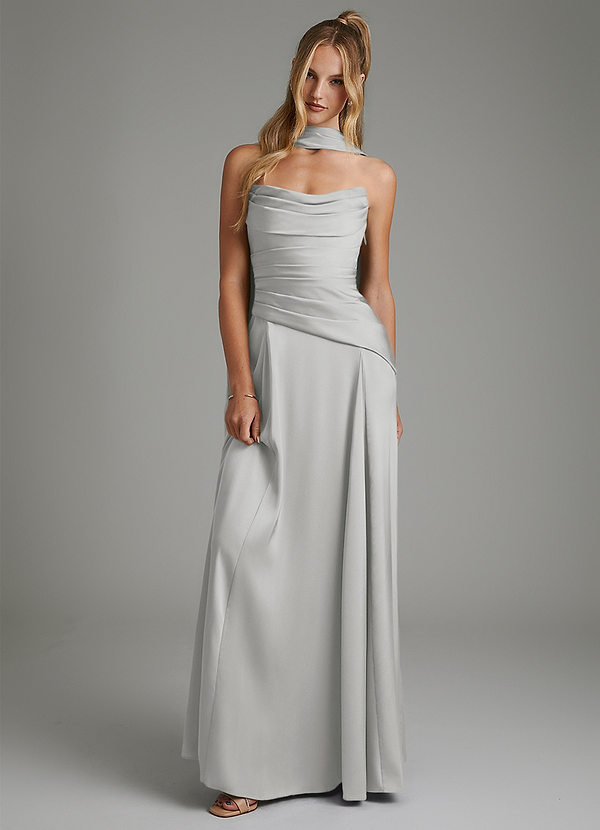 Azazie Gabriela Bridesmaid Dresses Silver A-Line Corset Stretch Satin Dress image1