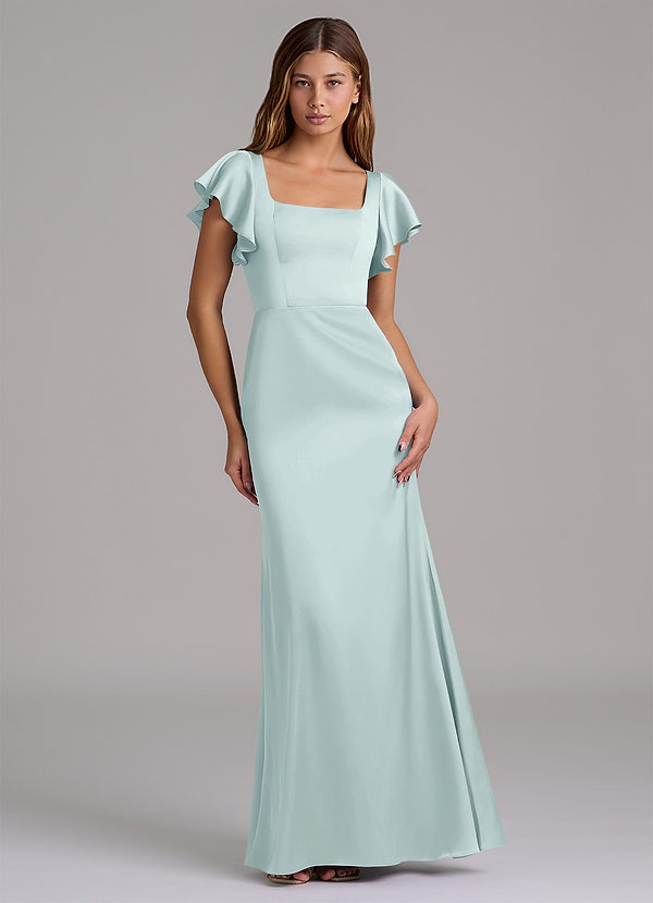 Azazie Elkie 신부 들러리 드레스 인어 스퀘어 네크라인 스트레치 새틴 바닥 길이 드레스 image1