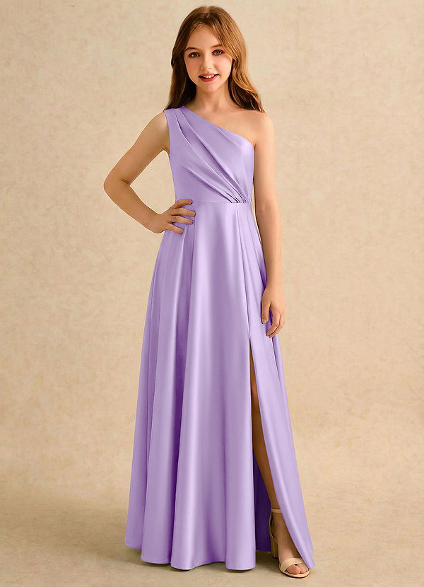 Azazie Puddles Girls Formal Robes de Fillette d'Honneur Robe Trapèze en Satin extensible Une épaule Lilas image1