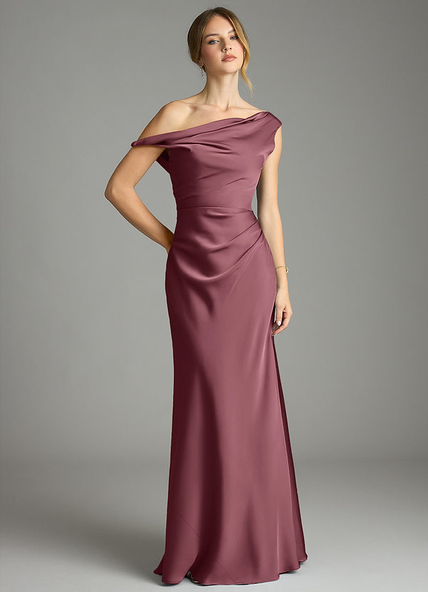 Azazie Emerson Brautjungfernkleider Meerjungfrau-Linie Schulterfrei Stretch-Satin Kleid Wüstenrose image1