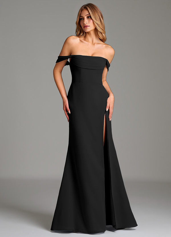 Azazie Riley Robes Demoiselle d'honneur Robe Fourreau Convertible en Mousseline de soie Épaule décolletée Noir image1