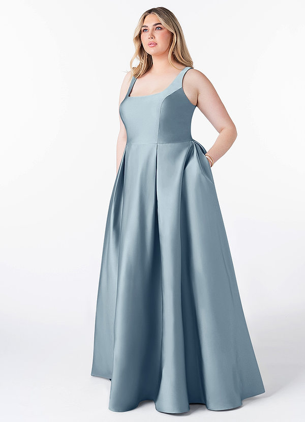 Azazie Neve Bridesmaid Dresses Dusty Blue Ball-Gown with Pockets Stretch Satin Dress image1