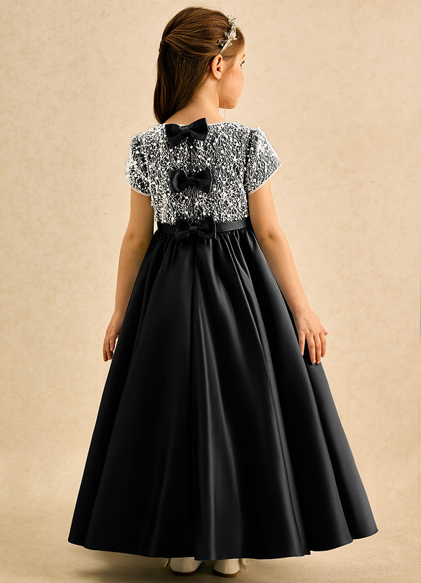 Azazie Cashew Flower Girl Dresses Black Ball-Gown with Sleeves Matte Satin Dress image1
