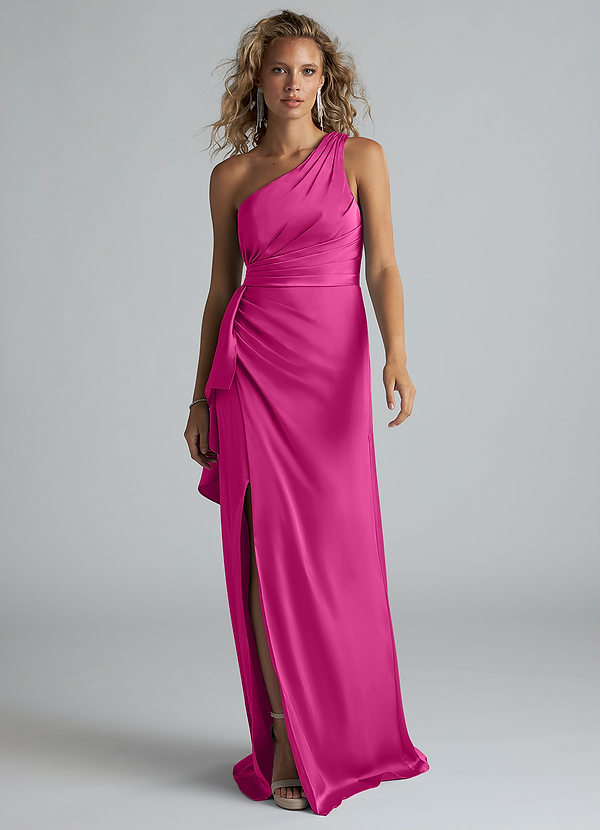 Azazie Maive Robes Demoiselle d'honneur Robe Fourreau en Satin extensible Rayé Fuchsia image1