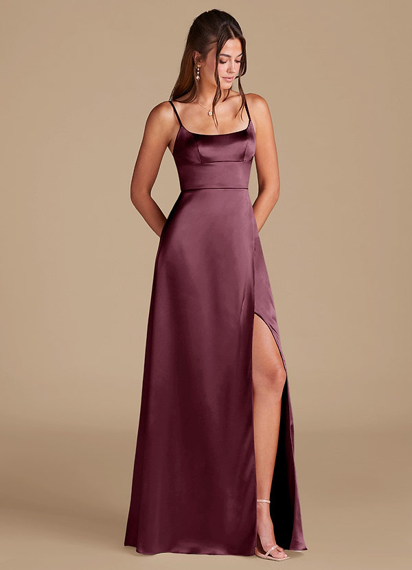 Azazie Halsey Bridesmaid Dresses Cabernet A-Line Side Slit Metallic Satin Dress image1