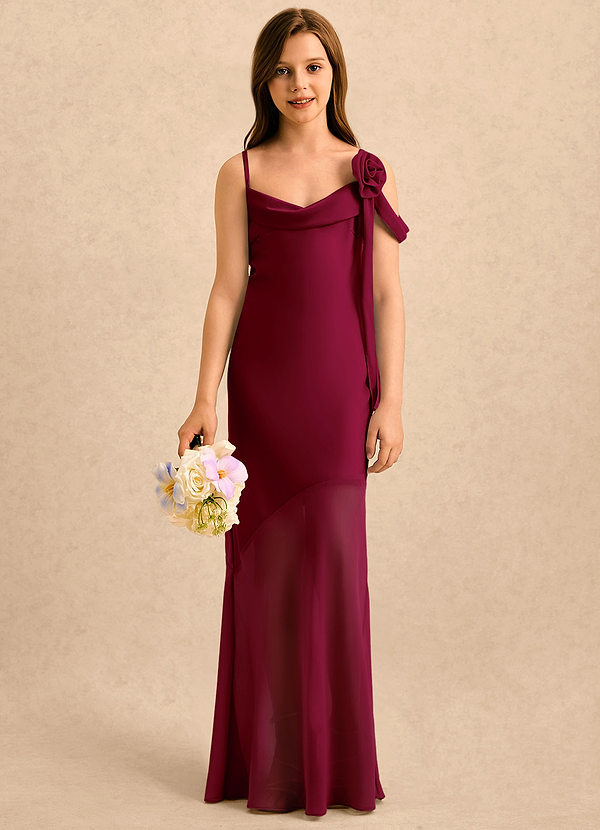 Azazie Kai Girls Formal Sukienki dla dziewczynek sypiących kwiaty Osłona Pofałdowany Satyna elastyczna Długość podłogi Sukienka image1