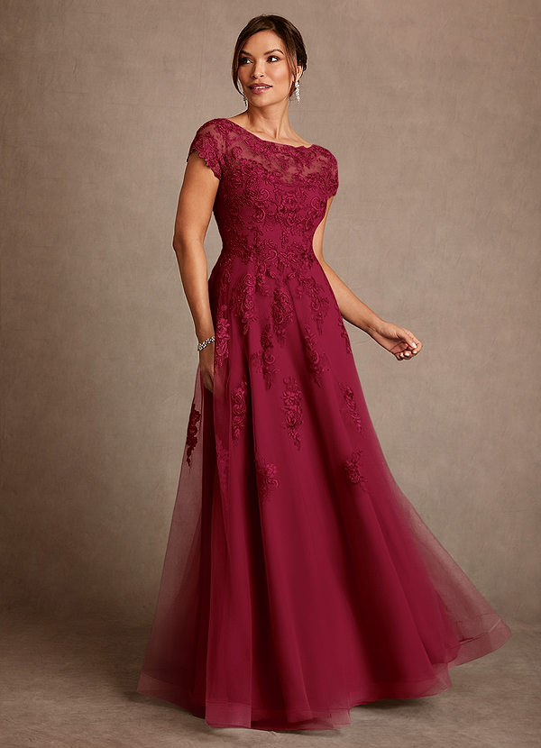 Azazie Jalinda Burgundy A-Line Lace Chiffon Dress | Azazie
