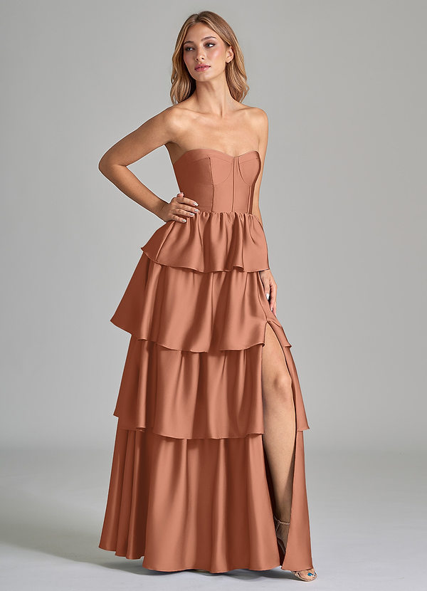Azazie Faye Bridesmaid Dresses Bronzer A-Line Ruched Stretch Satin Dress image1