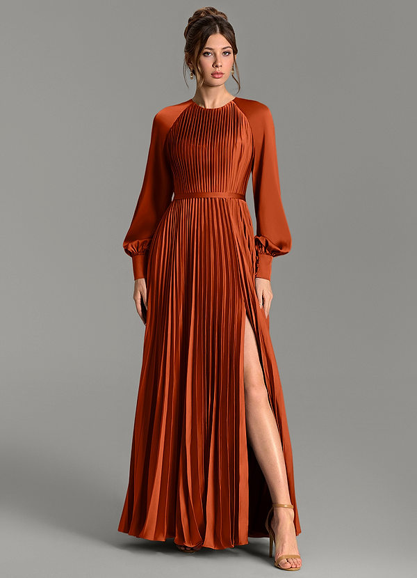 Azazie Grayson Bridesmaid Dresses Paprika A-Line Long Sleeve Stretch Satin Dress image1