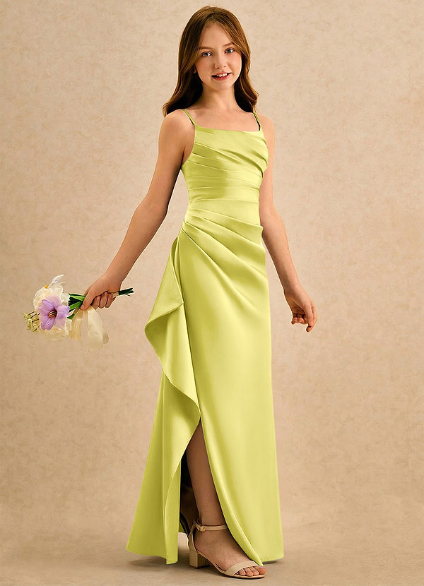 Azazie Cannoli Girls Formal Bloemenmeisjesjurken A-lijn Jurk van Mat Satijn Geplooide Kanarie image1