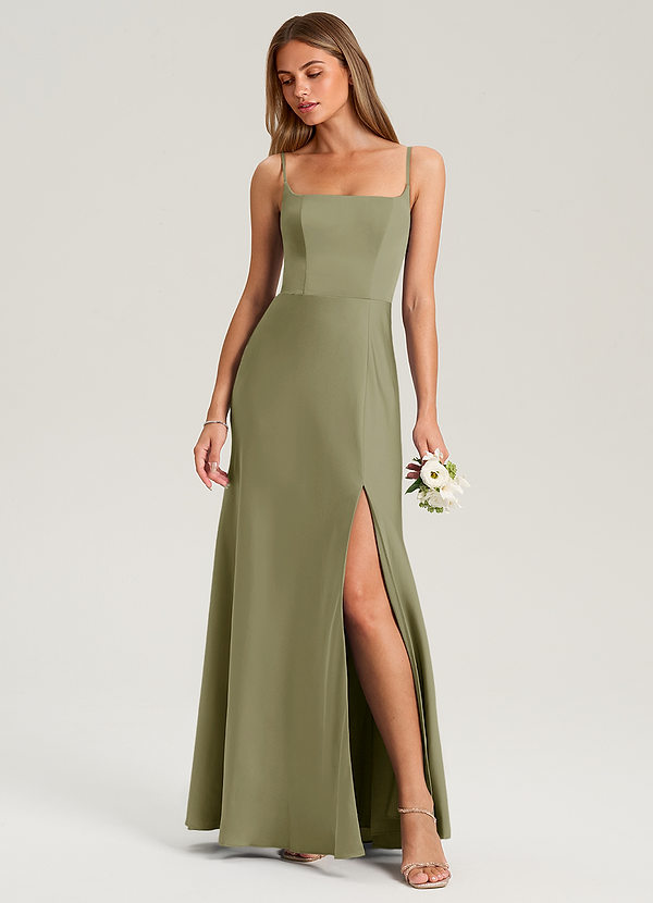 Azazie Lidia Bridesmaid Dresses Pistachio Mermaid Side Slit Stretch Satin Dress image1
