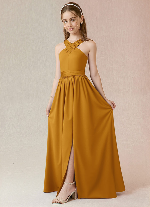 Azazie Jiya Junior Vestido Caramelo de Cetim elástico de Linha A com Plissado image1