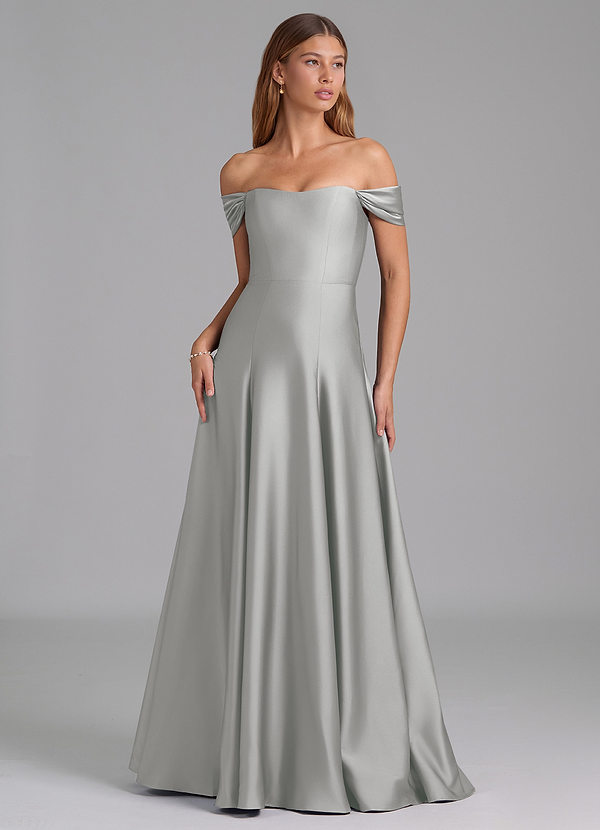 Azazie Seriana 신부 들러리 드레스 A라인 오프 더 숄더 스트레치 새틴 바닥 길이 드레스 image1