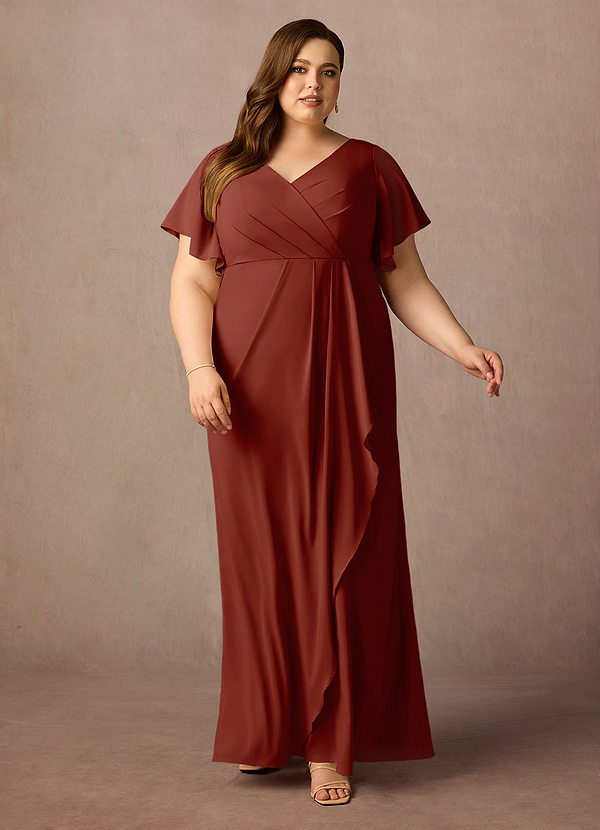 Azazie Song Mother of the Brides Dresses Terracotta Mermaid V-Neck Pleated Stretch Chiffon Dress image1