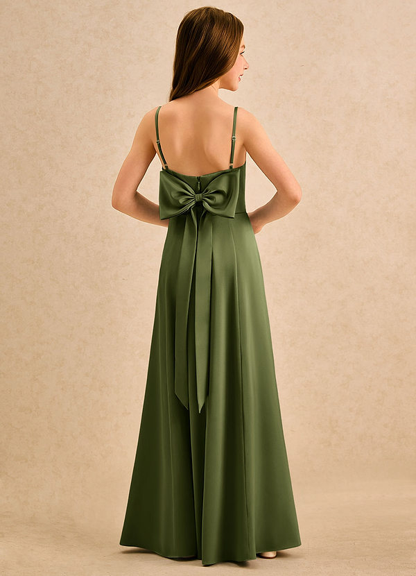 Azazie Chamomile Girls Formal 플라워 걸 드레스 A라인 주름진 스트레치 새틴 플로어 길이 드레스 image1