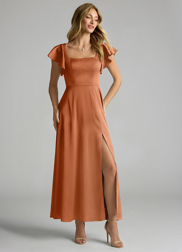 Azazie Bondi 신부 들러리 드레스 A라인 셔링 스트레치 새틴 발목 길이 드레스 image1