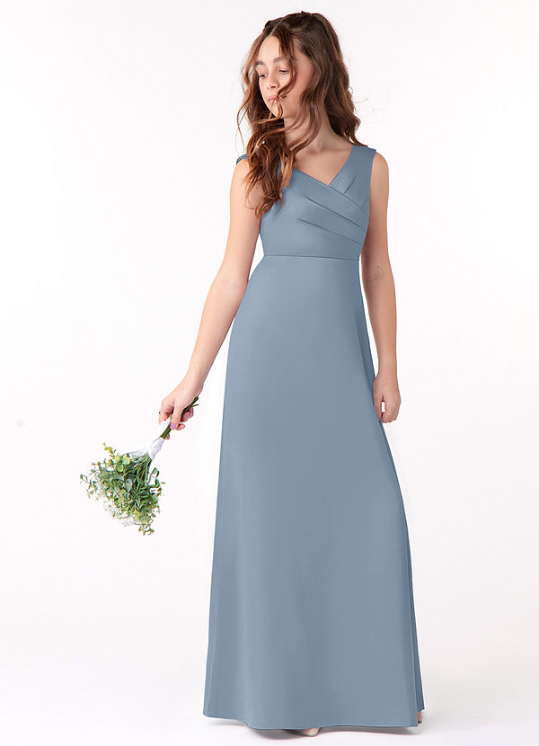 Azazie Sadia Vestido de Azul Polvoriento de Satin Mate de Acampanado con Plisado image1