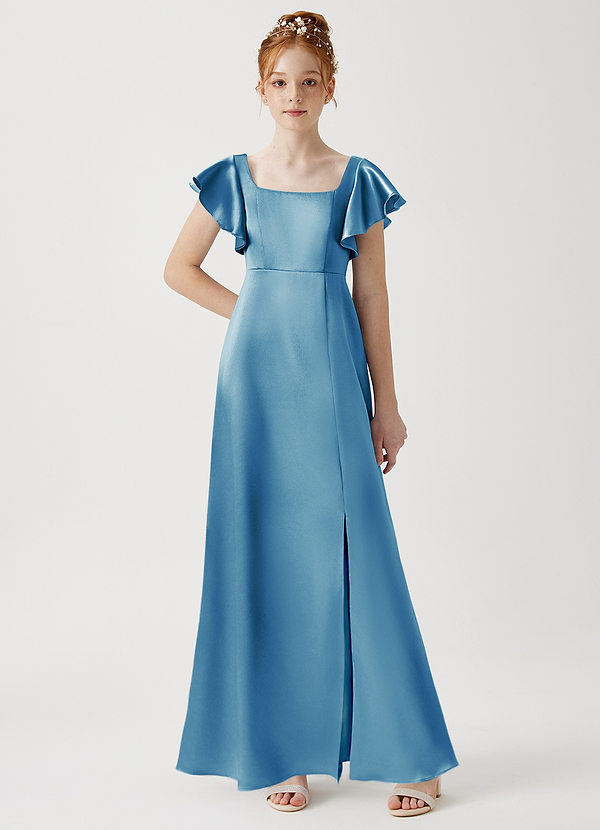 Azazie Bondi Junior Steel Blue A-Line Side Slit Metallic Satin Dress image1