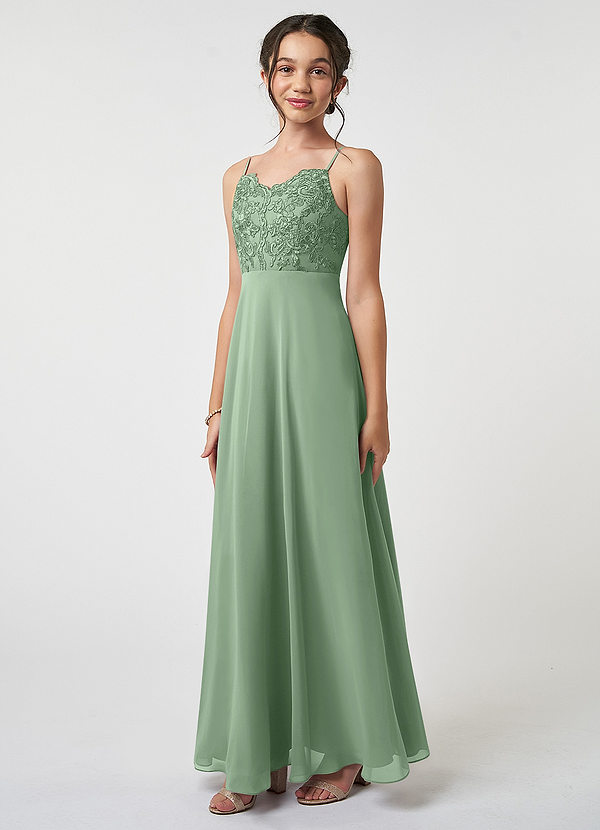 Azazie Sonya Junior Matcha A-Line Lace Chiffon Dress image1