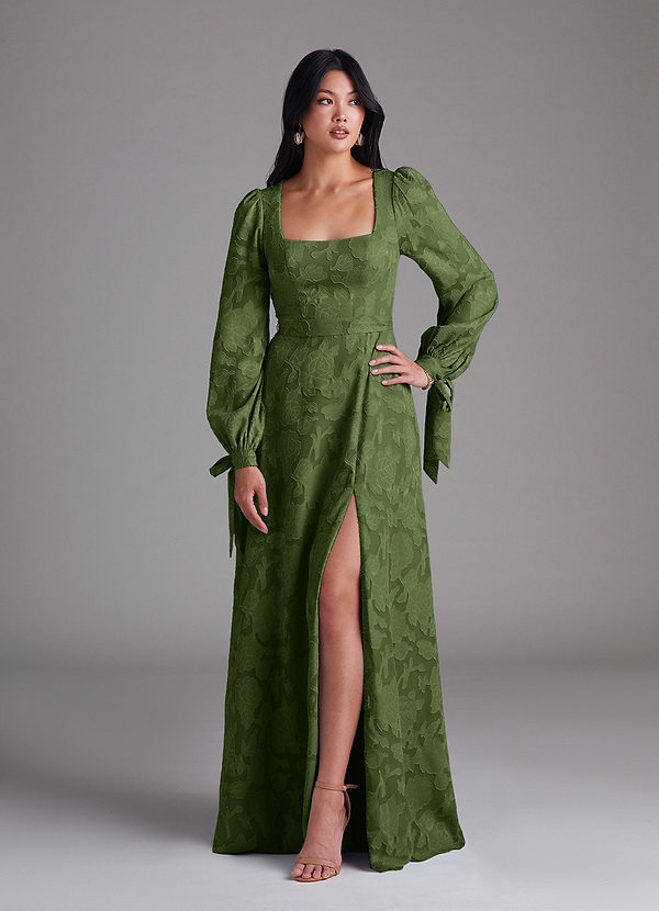 Azazie Leonia Bridesmaid Dresses Olive A-Line Long Sleeve Floral Burnout Dress image1