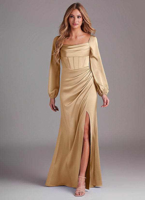 Azazie Charissa Bruidsmeisjes Jurken Jurk van Stretch Satijn met Kolom Lange mouw Champagne image1