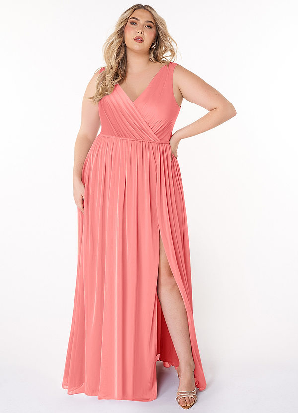 Azazie Tanicia Bridesmaid Dresses Coral A-Line V-Neck Pleated Mesh Dress image1