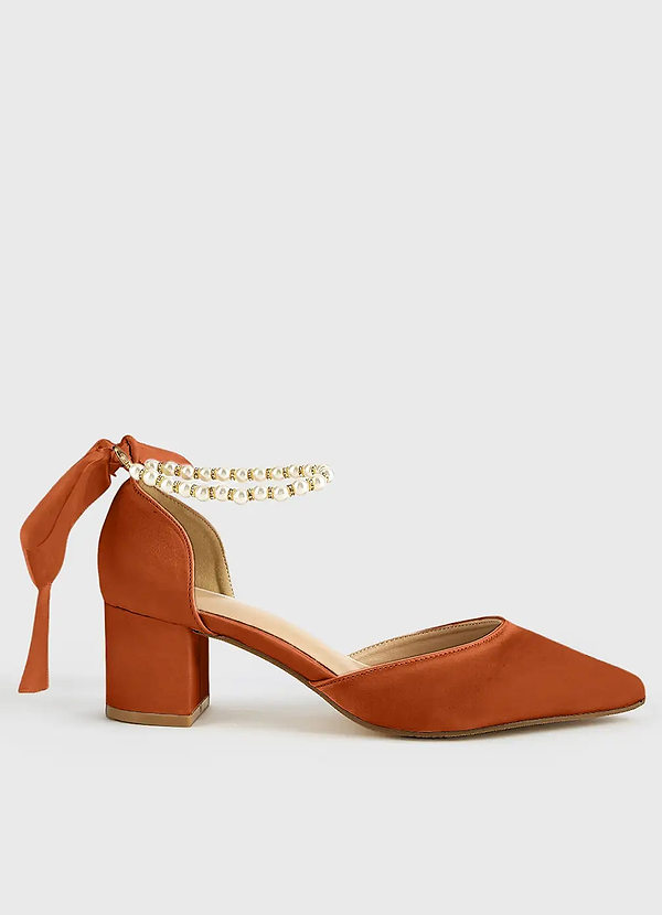 front Matching Color Matte Satin Pearl and Bow Pointed Toe Block Heels