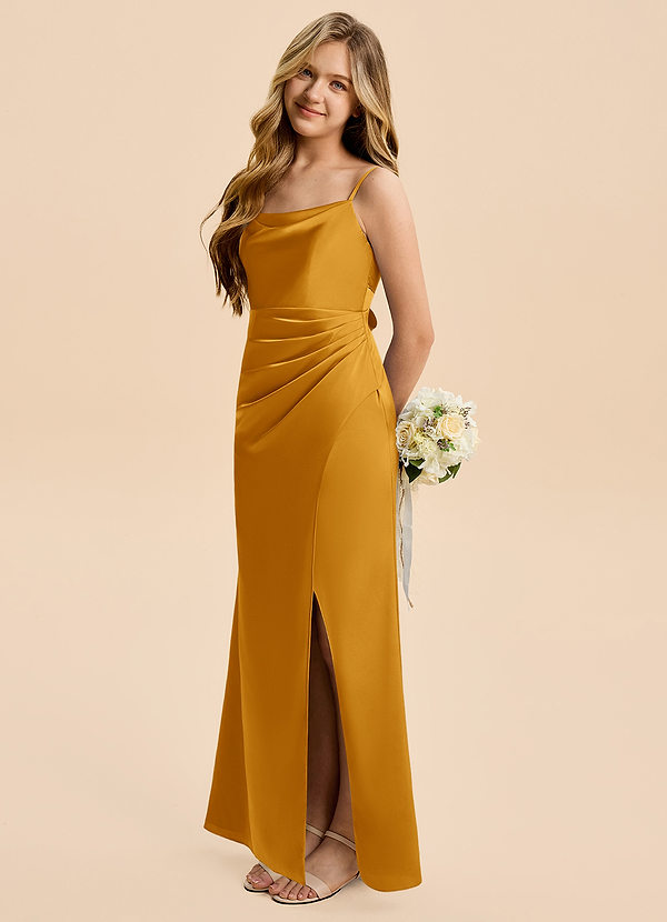 Azazie Christen Junior Vestido de Caramelo de Satén Elástico de Corte en A con Plisado image1