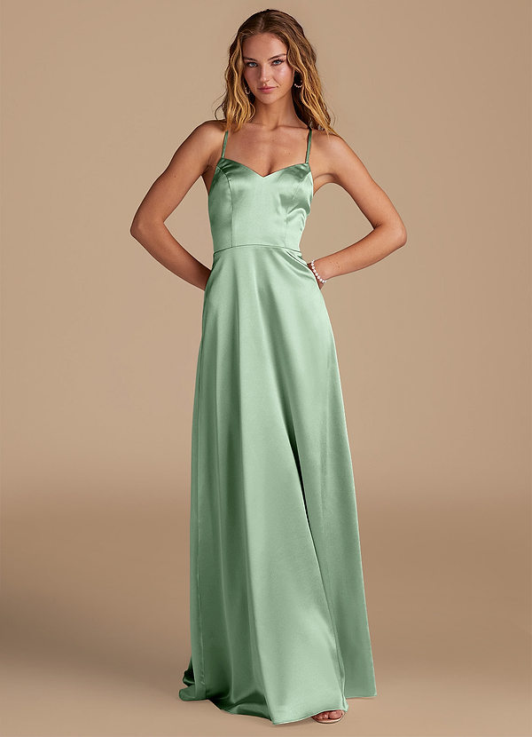 Azazie Mei Bridesmaid Dresses Matcha A-Line Sweetheart Neckline Metallic Satin Dress image1