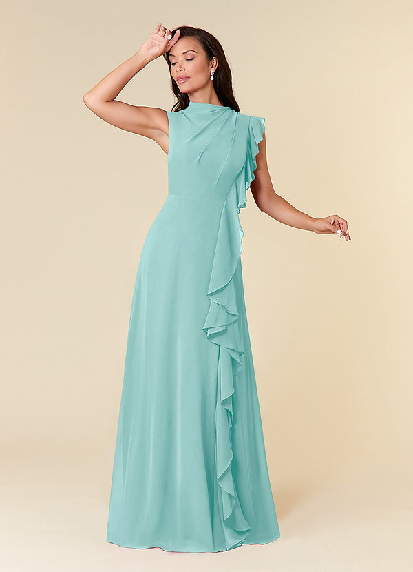 Azazie Narine Mother of the Brides Dresses Aqua A-Line High Neckline Pleated Chiffon Dress image1