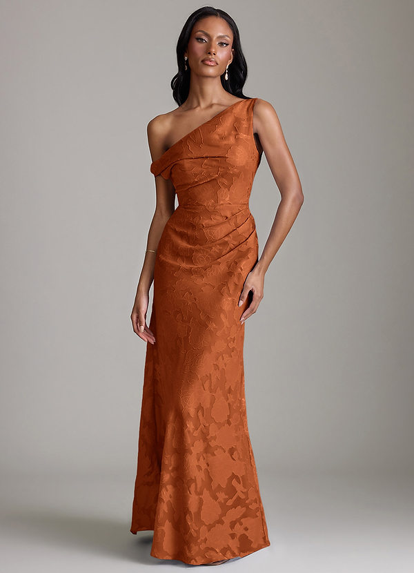 Azazie Emerson Bridesmaid Dresses Vestido Laranja Queimada de Esgotamento Floral de sereia com Fora do ombro image1