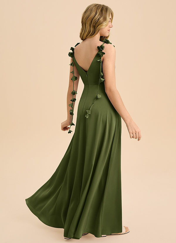 Azazie Gumdrop Junior Olive Empire Pleated Stretch Satin Dress image1