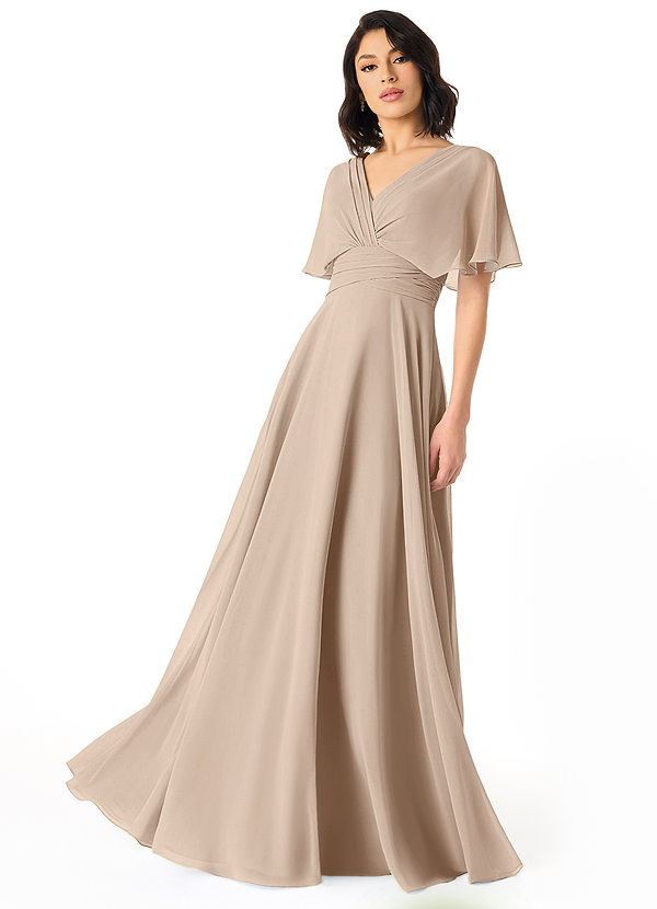 Azazie Pamela Bridesmaid Dresses Taupe A-Line V-Neck Pleated Chiffon Dress image1