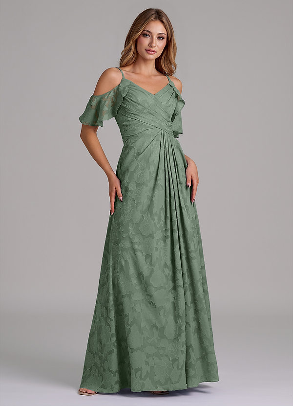Azazie Dakota Bridesmaid Dresses Matcha A-Line Off the Shoulder Floral Burnout Dress image1