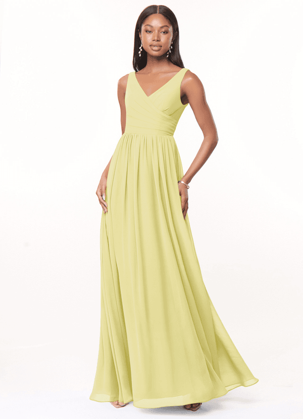 Azazie Keyla Bridesmaid Dresses Lemon Sorbet A-Line V-Neck Pleated Chiffon Dress image1