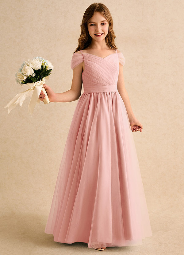 Azazie Yuna Junior Formal Abiti da Ragazza di Fiori Abito A-Line in Tulle a Spalla Scoperta Rosetta image1