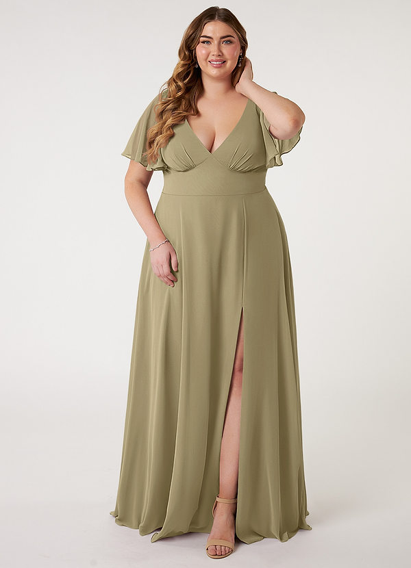 Azazie Kimber Bridesmaid Dresses Moss Green A-Line Flounce Sleeve Chiffon Dress image1
