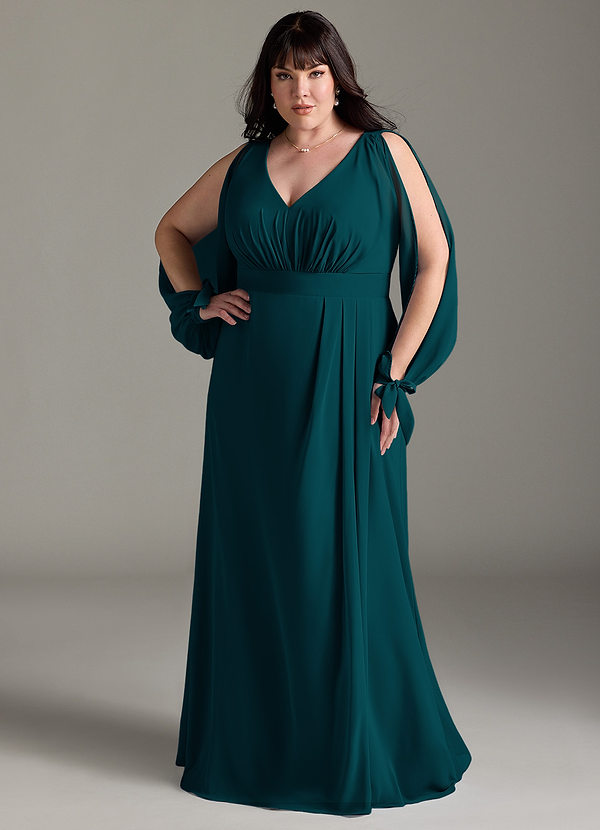Azazie Matilda Bridesmaid Dresses Pine A-Line Long Sleeve Chiffon Dress image1