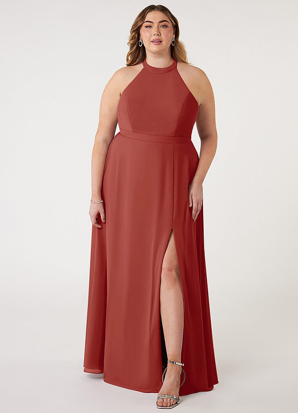 Azazie Clarice Brautjungfernkleider A-Linie Halter Chiffon Kleid Terrakotta image1