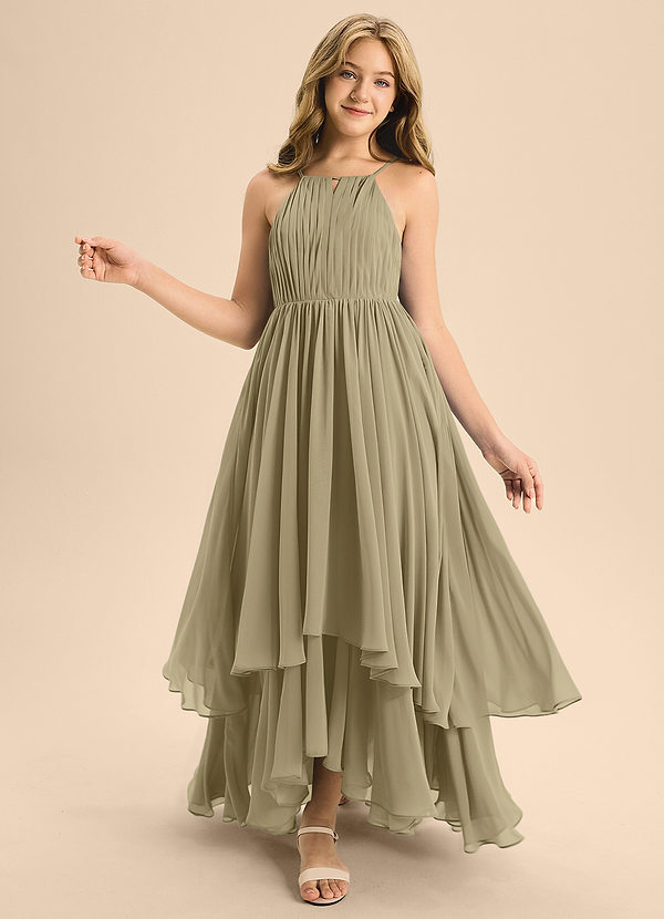 Azazie Elliora Junior A-Linie Plissee Chiffon Kleid Moosgrün image1