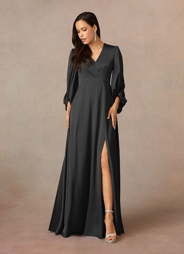 Azazie Luna Mother of the Brides Dresses Black A-Line Pleated Stretch Satin Dress image1