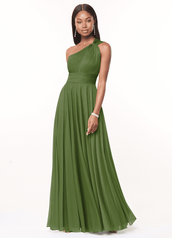 Azazie Charlize Bridesmaid Dresses Olive A-Line One Shoulder Mesh Dress image1