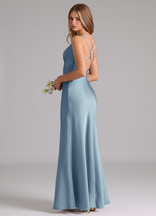 Azazie Suttona Vestidos Dama de Honor Vestido de Azul Polvoriento de Satén Elástico de Corte en A con Plisado image1