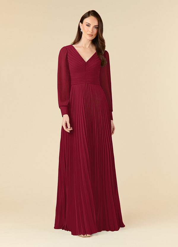 Burgundy Azazie Zina A-Line Pleated Chiffon Floor-Length Dress | Azazie